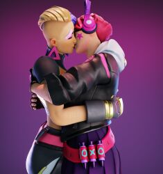 2girls 3d blender callisto_(fortnite) catalyst_(fortnite) clothed female/female female_only fortnite fortnite:_battle_royale headphones lesbian lesbian_kiss patunsfw pink_hair soypatu_nsfw star_tattoo two_tone_hair yuri