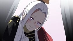 armor blush blush_lines blushing breastplate cape curtain curtains curtains_open edelgard_von_hresvelg fire_emblem fire_emblem:_three_houses heart-shaped_pupils long_hair looking_down loving_gaze loving_it nintendo pre-timeskip purple_eyes robes simple_background smile white_background white_hair ze_r0_ze_r0