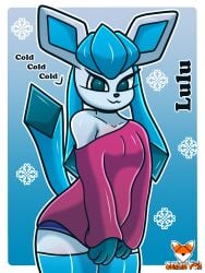 1girls 2020s 2022 3:4 anthro anthrofied blue_eyes breasts canid clothed clothing curvy_figure dialogue digital_media_(artwork) eeveelution english_text eyelashes facial_tuft female fishnet footwear generation_4_pokemon glaceon gynomorph heart hi_res latex legwear looking_at_viewer lulu_(zerlix_fox) nintendo pokemon pokemon_(species) pokemorph raised_clothing raised_shirt raised_tank_top raised_topwear shirt signature socks solo tank_top text topwear tuft under_boob underwear video_games white_body zerlix_fox