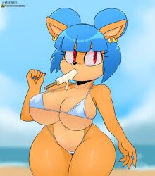 bandicoot bikini blue_hair breasts crash_(series) huge_breasts megumi_bandicoot thick_thighs tight_bikini white_bikini