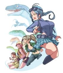 4girls backpack belt big_breasts black_bra blonde_hair blue_(jurassic_world) blue_goggles blue_hair blue_skirt braid braided_hair brown_hair charlie_(jurassic_world) delta_(jurassic_world) dinosaur echo_(jurassic_world) female_only fingerless_gloves gijinka goggles green_hoodie hat jeans jurassic_world lolitamajin long_braid long_nails long_pants long_sleeves long_socks multiple_girls pleated_skirt ponytail short_hair short_shorts shorts skin_tight straight_hair thick_thighs tool_belt unusual_teeth velociraptor yellow_eyes yellow_jacket yellow_jacket_(clothing)