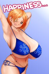 arms_up english_text female female_only huge_breasts looking_at_viewer nami one_piece orange_hair short_hair swimsuit tuna_(artist) wink