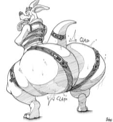 1boy 2021 activision anthro ass barefoot big_ass big_butt black_and_white bobthetanuki bubble_butt butt clapping_cheeks crash_(series) extrasizedbob feet fur furry furry_only gay hi_res huge_butt jiggling kangaroo looking_at_viewer macropod male male_only mammal marsupial monochrome no_color open_mouth ripper_roo simple_background solo squatting straitjacket thick_thighs tongue tongue_out video_games yaoi