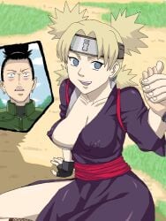 1boy1girl arm_support black_hair blonde_hair canon_couple close-up couple erect_nipples erect_nipples_under_clothes female_focus gloves helping helping_hand holding_hands kimono looking_at_another looking_at_breasts looking_at_partner male/female nara_shikamaru naruto naruto_(series) naruto_shippuden nervous nipple_slip no_bra on_floor one_breast_out sitting smile surprised temari unaware vest