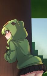 block creeper creeper-chan creeper_(minecraft) creeper_girl green_hair looking_away merryweather minecraft peeping pink_eyes skirt tree