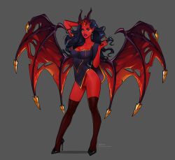 blue_eyes bottomless breasts covered_breasts demon demon_girl demon_horns dota_2 dress female female_only going_commando high_heels minko no_humans no_panties partially_clothed pussy queen_of_pain red_body red_skin solo solo_female stockings succubus succubus_horns succubus_wings vagina