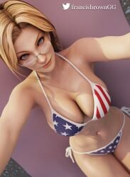 1girls 3d 4th_of_july american_flag american_flag_bikini big_breasts bikini blonde_hair blue_eyes breasts dead_or_alive female female_only flag_bikini francis_brown glasses looking_at_viewer looking_over_eyewear looking_over_glasses looking_over_sunglasses solo sunglasses swimsuit thick_thighs tina_armstrong united_states_of_america usa