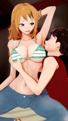 1boy 1girls 3d armpit_fetish armpit_licking armpits arms_up big_breasts bikini bikini_top female hand_on_breast jeans koikatsu long_hair male monkey_d_luffy nami one_piece orange_hair post-timeskip qxdt striped_bikini