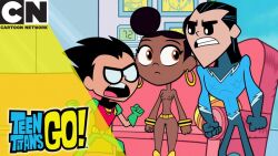 1girls 2boys aqualad argument brown_eyes bumblebee bumblebee_(dc) dark-skinned_female dark_skin dc dc_comics dick_grayson light_skin male maxcat(artist) naked_female robin_(dc) robin_(dick_grayson) screenshot_edit teen_titans teen_titans_go