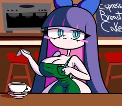 apron big_breasts blush breasts coffee coffee_mug female iced_latte_with_breast_milk metuloser404 notepad panty_&_stocking_with_garterbelt pen purple_hair stocking_anarchy tagme