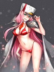 1girls between_breasts bikini breasts coat contrapposto darling_in_the_franxx detached_collar embers green_eyes grey_background hand_on_headwear hand_on_own_thigh hat large_breasts long_hair looking_at_viewer military_hat military_jacket navel necktie necktie_between_breasts parted_lips peaked_cap pink_hair red_bikini red_necktie solo stomach suishougensou swimsuit teeth thighs tongue tongue_out very_long_hair zero_two_(darling_in_the_franxx)