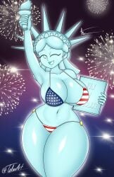 4th_of_july bikini breasts fireworks lady_liberty metallic_body nsfwtalex statue_of_liberty telaxart texalunax wink winking