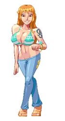 animated big_ass big_breasts bikini casetermk female female_only jeans long_hair lowrise_jeans nami one_piece orange_hair pixel_art striped_bikini tattoo walking