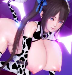 3d all_fours arcadia bent_over black_hair blue_eyes breasts_out cow_print doggy_style dungeon_ni_deai_wo_motomeru_no_wa_machigatteiru_darou_ka hestia_(danmachi) huge_breasts shortstack twintails