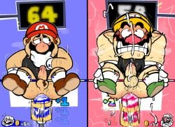 2boys anal anal_sex balls bara bent_legs blush bodily_fluids boner clothing cum cum_while_penetrated duo ejaculation erection footwear gameplay_mechanics gay genital_fluids genitals heart-shaped_pupils hi_res hud human machine machine_penetrating male male/male male_only mammal mario mario_(series) mario_party naughtybassard nintendo not_furry penetration penile penis pubes rough_sex score scoreboard sex sex_machine shortstack spread_legs spreading sweat torquewintress video_games wario