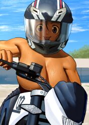 arung_samudra_(cessa) athletic athletic_female big_breasts blue_eyes breasts cessa dark-skinned_female dark_skin female female_focus female_only helmet huge_breasts large_breasts motorcycle sweat tagme toned toned_female tongue tongue_out topless