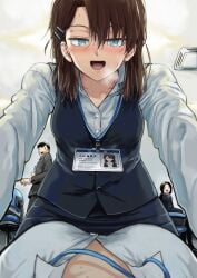 2girls accidental_circumstance aqua_eyes big_breasts blush brown_hair button_down_shirt female_pov name_tag navy_blue_skirt office office_chair on_back on_floor original_character pageratta people_in_background pinned pinned_down pinned_to_floor pinned_to_ground pov tagme vest white_shirt yuri