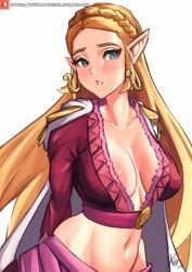 alternate_costume areola areolae blonde_hair blue_eyes boa_hancock_(cosplay) breasts breath_of_the_wild cleavage exposed_torso female female_only long_hair nintendo nipples one_piece outfit_swap princess_zelda tagme the_legend_of_zelda xhaart zelda_(breath_of_the_wild)