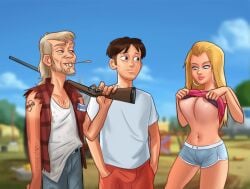 1girls 2boys 2d angry angry_face annoyed annoyed_expression areolae belly_piercing big_breasts blonde_hair blue_eyes booty_shorts bottomwear bra breasts brown_hair clothed clothing clyde_(summertime_saga) darkcookie digital_drawing_(artwork) digital_media_(artwork) ear_piercing earrings facial_hair flashing flashing_breasts jacket jeans light-skinned_female light-skinned_male light_skin long_hair looking_at_another looking_down main_character_(summertime_saga) male male/female nipples outdoors outside pants piercing piercings ripped_clothing roxxy_(summertime_saga) shirt shirt_lift shirt_up shorts summertime_saga tank_top thick_thighs tight_fit tight_pants topwear trio underboob undressing