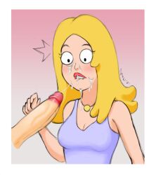 alphacetza american_dad biting_lip black_eyes blonde_female blonde_hair blush clothing disembodied_penis dress eyebrows eyelashes facial francine_smith lips lipstick looking_down medium_breasts medium_hair milf penis unseen_male_face