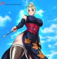 big_breasts blonde_hair female fishnet_thighhighs fishnets gintama kimono kiseru looking_at_viewer looking_down nexus-sig obi pipe purple_eyes side_slit solo thick_thighs thighhighs tsukuyo