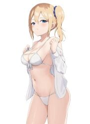 1girls ass bare_shoulders belly big_breasts blonde_hair blue_eyes blue_nails blush bra breast_physics breasts cleavage coro_fae embarrassed female female_only fingernails hair_between_eyes hairband hayasaka_ai kaguya-sama_wa_kokurasetai_~tensai-tachi_no_renai_zunousen~ legs light-skinned_female looking_at_viewer looking_down medium_hair nail_polish navel panties pout pouting shirt side_ponytail solo standing swimsuit thighs undressing waist white_background white_bra white_panties white_shirt white_swimsuit