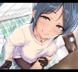 1boy 1girls age_difference alarm_clock aoi_tiduru bare_arms bare_hands bed bed_sheet bedroom big_breasts black_gloves black_pantyhose blanket blue_hair blush breast_grab breasts brown_eyes brown_hair bulge clock closed_mouth clothing collarbone crescent crotch_grab curtains erect_nipples erection erection_under_clothes eyebrows eyebrows_visible_through_hair female female/male floor gloves grabbing grabbing_another's_breast grabbing_penis guided_breast_grab guiding_hand hand_on_breast handjob handjob_over_clothes highres huge_breast indoor indoors jewelry large_breasts lips looking_at_viewer male/female male_pov massive_breasts medium_breasts mole mole_under_mouth motion_lines mouth_closed necklace necktie nipple_bulge older_female on_bed original pantyhose paper parted_bangs pendant penis_grab pillow pointy_chin pov pov_eye_contact pov_male room shirt shirt_tug short_hair short_hair_bangs sitting sitting_on_bed smile smile_at_viewer solo_focus sweat sweatdrop sweater touching_penis tsurime white_curtains white_pillow woman wooden_floor