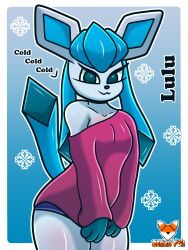 1girls 2020s 2022 3:4 anthro anthrofied blue_eyes breasts canid clothed clothing curvy_figure dialogue digital_media_(artwork) eeveelution english_text eyelashes facial_tuft female fishnet footwear generation_4_pokemon glaceon gynomorph heart hi_res latex legwear looking_at_viewer lulu_(zerlix_fox) nintendo pokemon pokemon_(species) pokemorph raised_clothing raised_shirt raised_tank_top raised_topwear shirt signature socks solo tank_top text topwear tuft under_boob underwear video_games white_body zerlix_fox