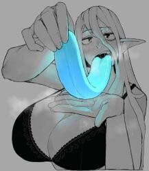 1girls big_breasts black_bra blue_tongue blush bra breasts cleavage drool eyebrows_visible_through_hair female female_only glowing_tongue holding_tongue huge_breasts long_tongue ohasi pointy_ears saliva saliva_string solo tongue tongue_fetish tongue_out