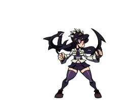 1boy 1girls animated big_breasts black_hair bra breasts clothing female filia_(skullgirls) monster official_art red_eyes samson_(skullgirls) skullgirls sprite_art transparent_background