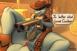 anthro barn breasts clothing cowboy_hat cowgirl_outfit dialogue digital_media_(artwork) female genitals gun hat hay hay_bale headgear headwear hi_res holding_object holding_weapon kobold nipples nootkep pussy ranged_weapon solo solo_focus speech_bubble weapon