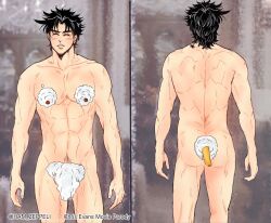 1boy back_view battle_tendency black_hair closed_eyes cream_on_ass cream_on_nipples cream_on_penis ham_zeppeli ice_cream joestar_birthmark jojo's_bizarre_adventure joseph_joestar male_only muscular_male parody