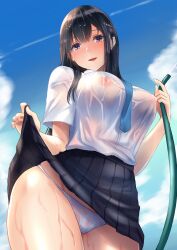 bangs black_hair black_skirt blue_sky breasts brown_eyes clothes_lift cloud collared_shirt commentary_request contrail day female hair_between_eyes highres holding holding_hose hose large_breasts lifted_by_self nipples no_bra nyanko_kaitou original outdoors panties pleated_skirt school_uniform see-through shirt short_sleeves skirt skirt_lift sky solo standing thighs underwear wet wet_clothes wet_panties wet_shirt white_panties white_shirt