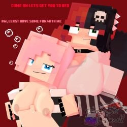 3d black_nails blue_eyes blush breasts breasts_out chains choker drunk ellie_walls_(odysseyellie) goth hands heart-shaped_pupils large_breasts mine-imator minecraft nipples on_shoulders pink_hair red_and_black_hair rolling_eyes shirt_pull simple_background striped_shirt watermark zoey_(zoeyistoosmall) zoey_is_too_small