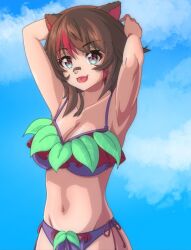 1girls animal_ears bikini bikini_bra brown_hair cleavage clouds female_only latam_virtual_youtuber looking_at_viewer medium_hair owozu raccoon_ears raccoon_girl rakkun short_hair sky swimsuit thong_bikini two_tone_hair virtual_youtuber vtuber vtuberfanart