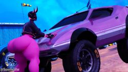 3d blender car fortnite half-dressed half_naked harlowe_(fortnite) large_ass large_breasts pink_skin self_upload sunninsfw thick_thighs voluptuous