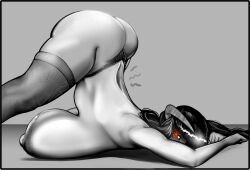 1girls areola ass back big_ass big_breasts big_nipples black_hair blush breasts demon demon_girl face_down_ass_up gigantic_breasts grey_skin greyscale hiding_face horns huge_areola huge_ass huge_breasts huge_nipples jack-o_pose large_areolae large_breasts large_nipples long_hair nipples occultcat panties phalia red_eyes thick_thighs thighhighs thighs