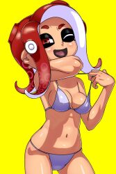 1girls bra_pull bra_strap breasts chest digital_drawing_(artwork) digital_media_(artwork) female female_only hand_behind_head looking_at_viewer nintendo octoling octoling_girl open_smile purple_bra purple_panties red_eyes red_hair seductive_look splatoon splatoon_2 stomach tan_skin tongue tsuwitchii84 wink winking_at_viewer