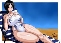 1girls alternate_costume bare_arms bare_chest bare_legs bare_shoulders bare_thighs beach beach_chair bent_knee big_breasts black_eyes black_hair bleach blush braid braided_ponytail breasts breasts breasts bust busty female female_only floral_print hourglass_figure large_breasts looking_at_viewer low-tied_long_hair low_ponytail mature mature_female mature_woman milf nose_blush ocean one-piece_swimsuit oppai outdoors ponytail reclining rodriguesd-marcelo sand seaside seductive seductive_eyes seductive_look seductive_mouth seductive_smile shiny shiny_hair shiny_skin shore smile solo solo_female solo_focus swimsuit tied_hair unohana_retsu very_long_hair voluptuous water wide_hips