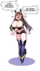 1girls bare_thighs breast_expansion cleavage girls'_frontline h_earth huge_breasts implied_breast_expansion judge_(girls'_frontline) solo solo_female speech_bubble tagme translation_request yellow_eyes