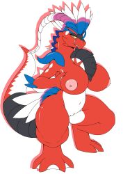 absurd_res anthro areola big_breasts breasts dragon feathers female genitals hi_res koraidon legendary_pokémon looking_at_viewer nintendo nipples nude pokémon_(species) pokemon pokemon_sv pussy red_body simple_background smile solo tire unknown7351 video_games white_background