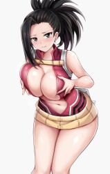 bare_shoulders black_eyes black_hair breast_grab breast_squeeze female_only large_breasts long_hair looking_at_viewer momo_yaoyorozu my_hero_academia no_bra r-binon solo_focus sweat thick_thighs thighs uncensored wide_hips