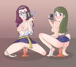 2girls blush bottomless camera clothing commission dildo dildo_in_pussy female joanna_(little_witch_academia) little_witch_academia looking_at_viewer multiple_girls rosie_(little_witch_academia) sex_toy skirt stargazing_ori