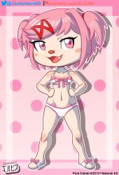 2022 animal_crossing bikini breasts collaboration crossover digital_media_(artwork) doki_doki_literature_club fanart fangs female female_only jackintaro looking_at_viewer natsuki_(doki_doki_literature_club) nintendo open_mouth pink_eyes pink_hair ribbon ribbons simple_background smile solo twintails villager_(animal_crossing)