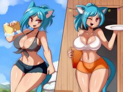 2022 big_breasts blue_hair cartoon_network cat_ears cat_tail catgirl cleavage hooters hooters_uniform lucyfercomic milf nicole_watterson nicole_watterson_(human) red_eyes the_amazing_world_of_gumball the_amazing_world_of_gumball_(human) thick_thighs thighs