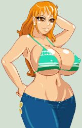 big_breasts bikini_top casetermk female female_only hyper_bimbo jeans long_hair lowrise_jeans nami nipple_bulge one_piece orange_hair pixel_art post-timeskip solo solo_female