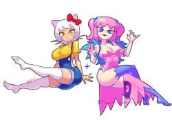 2girls blue_eyes dress gijinka hello_kitty hello_kitty_(character) hello_kitty_(series) humanized kitty_white looking_at_viewer minus8 overalls pac-man_(series) pac-man_ghost_dance_(minus8) pink_hair pinky_(pac-man) sanrio stockings thighhighs white_hair witch_costume yellow_eyes