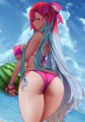 1girls 2022 absurd_res araneesama artist_signature ass bikini blue_hair blush breasts bubble_butt cutesexyrobutts_(style) female female_only fruit hair_ornament hips holding_object huge_breasts large_ass large_breasts long_hair outdoors pink_bikini red_eyes red_hair ribbon ribbon_in_hair riela_marcellis sega sideboob slim_waist swimsuit thick_thighs thighs two_tone_hair valkyria_chronicles valkyria_chronicles_3 watermelon wide_hips