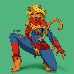 after_transformation anthro anthrofied blonde_female captain_marvel carol_danvers doomington feline feline_humanoid female furry green_eyes long_toenails marvel tail transformation werecat