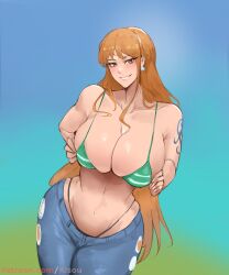 big_breasts bikini bikini_top black_panties female female_only jeans kisou long_hair lowrise_jeans nami one_piece orange_hair panties post-timeskip solo solo_female striped_bikini